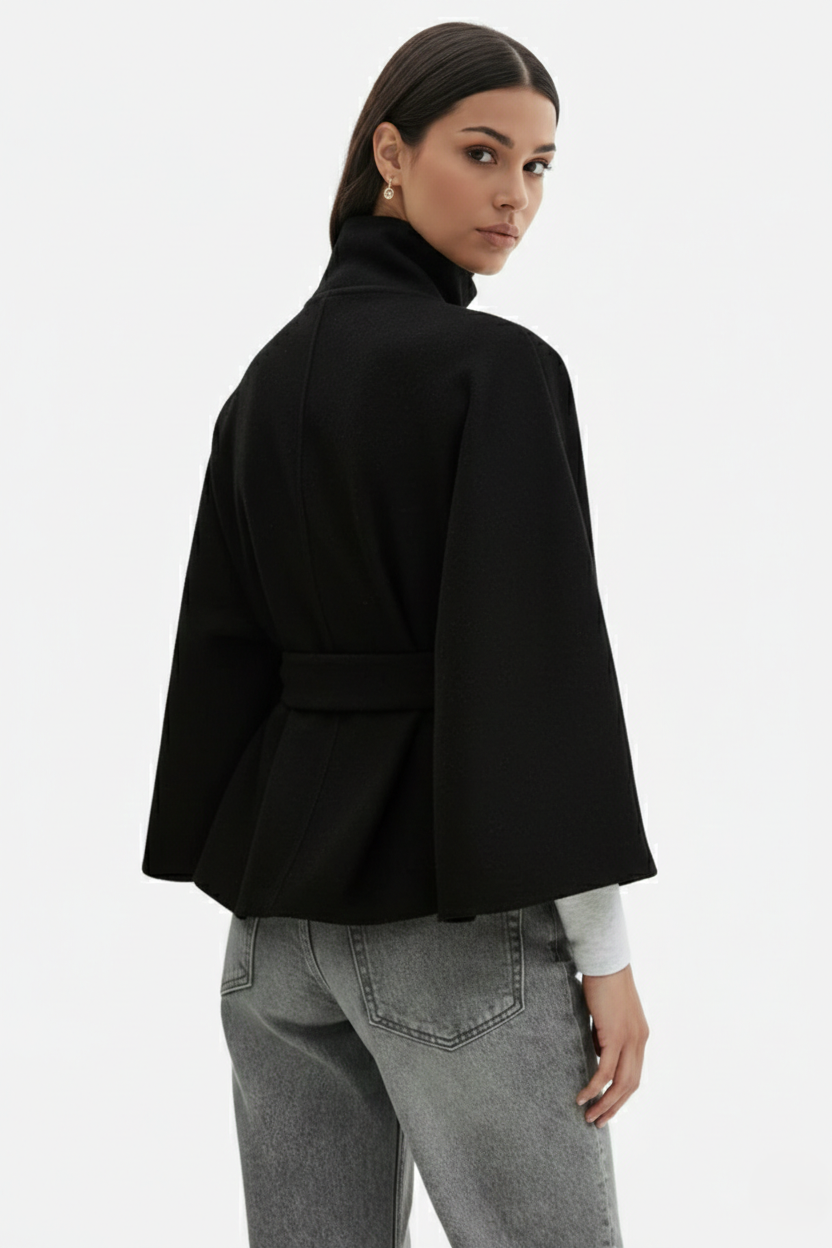 Belted Cape Coat High Neck Button Front