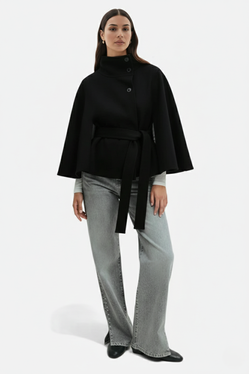 Belted Cape Coat High Neck Button Front