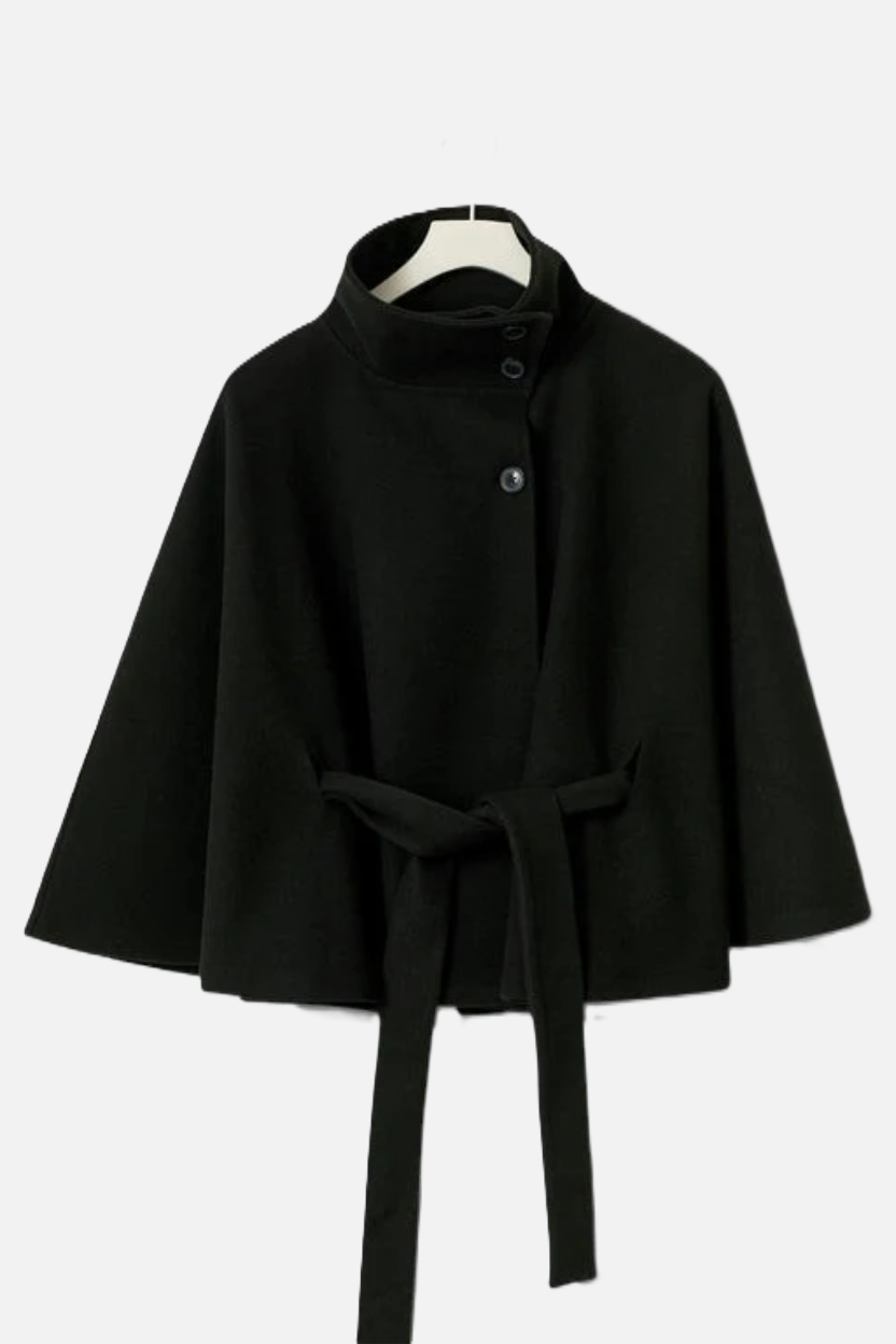 Belted Cape Coat High Neck Button Front