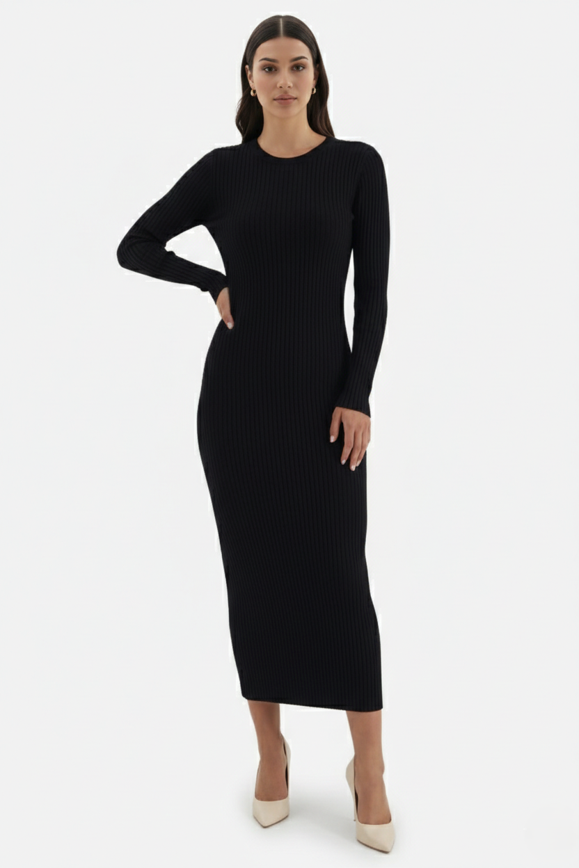 Bodycon Sweater Midi Dress Ribbed Knit Long Sleeve Crew Neck