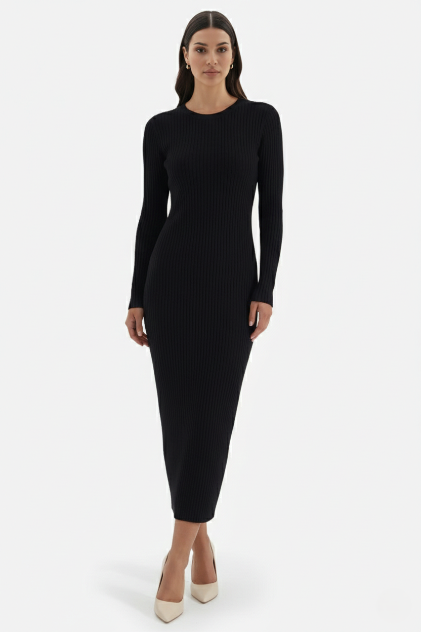 Bodycon Sweater Midi Dress Ribbed Knit Long Sleeve Crew Neck