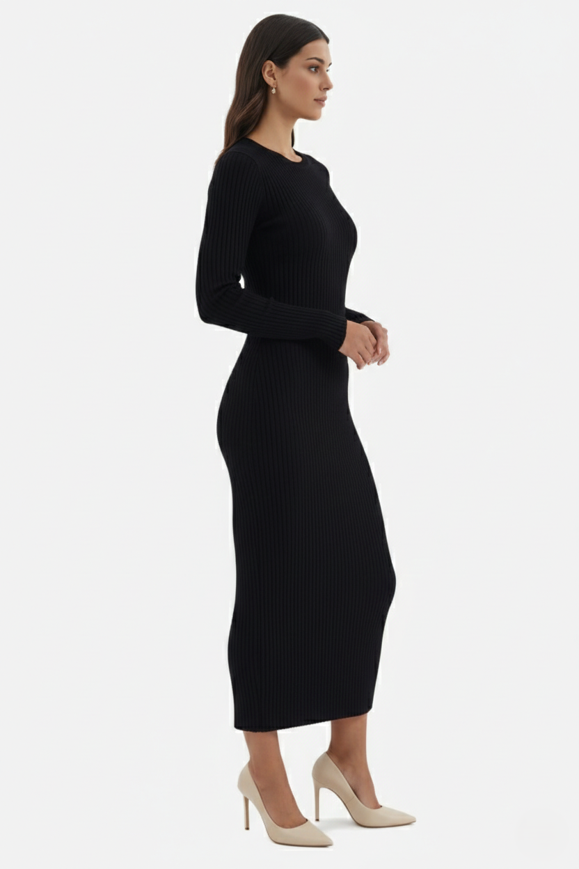 Bodycon Sweater Midi Dress Ribbed Knit Long Sleeve Crew Neck