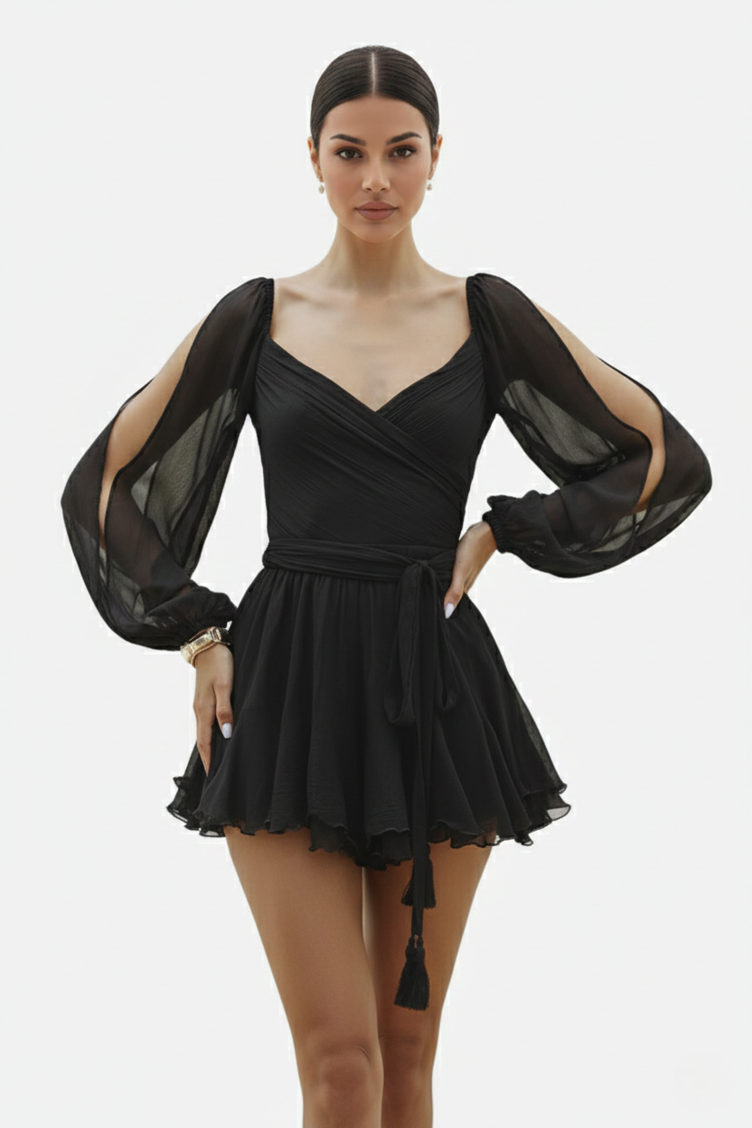 Chiffon Puff Sleeve Lace-Up Back Ruffle Mini Dress