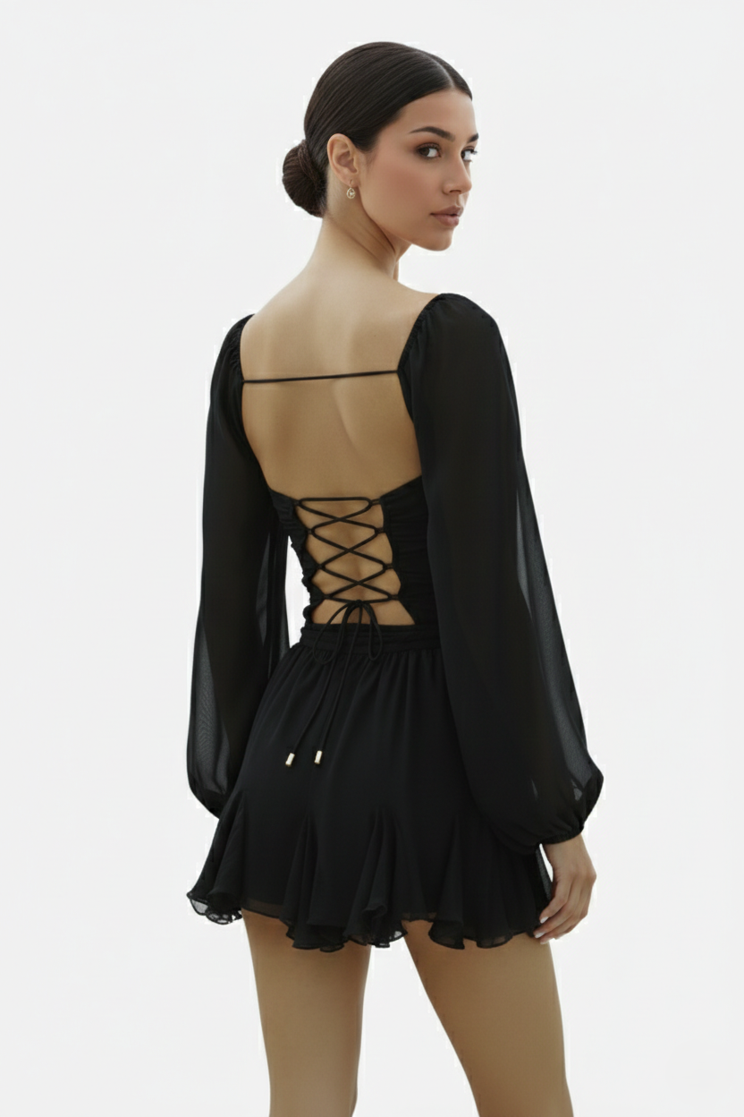 Chiffon Puff Sleeve Lace-Up Back Ruffle Mini Dress
