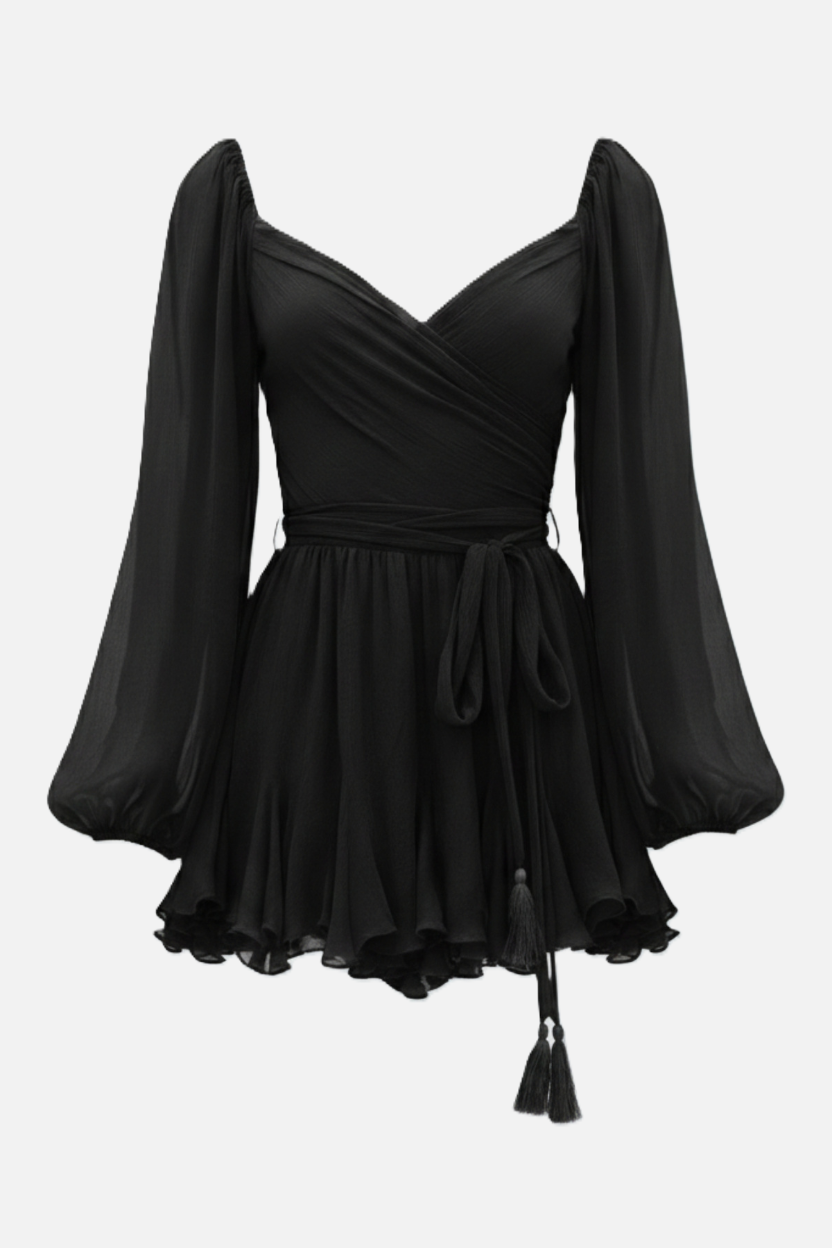 Chiffon Puff Sleeve Lace-Up Back Ruffle Mini Dress