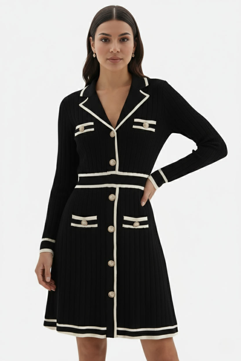 Contrast Trim Knit Cardigan Dress Long Sleeve Button Down with Metallic Buttons