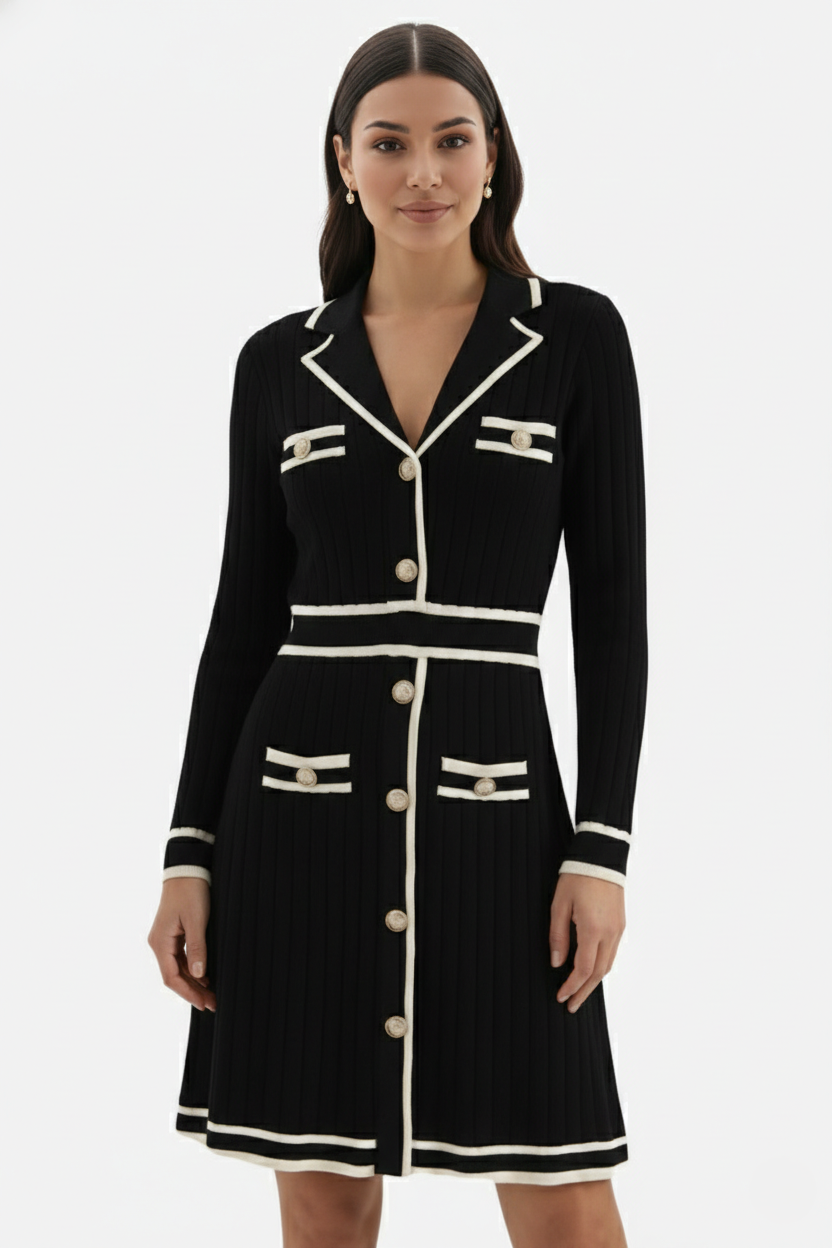 Contrast Trim Knit Cardigan Dress Long Sleeve Button Down with Metallic Buttons