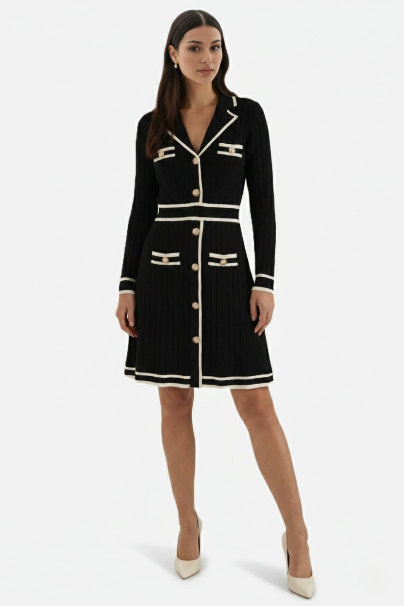 Contrast Trim Knit Cardigan Dress Long Sleeve Button Down with Metallic Buttons