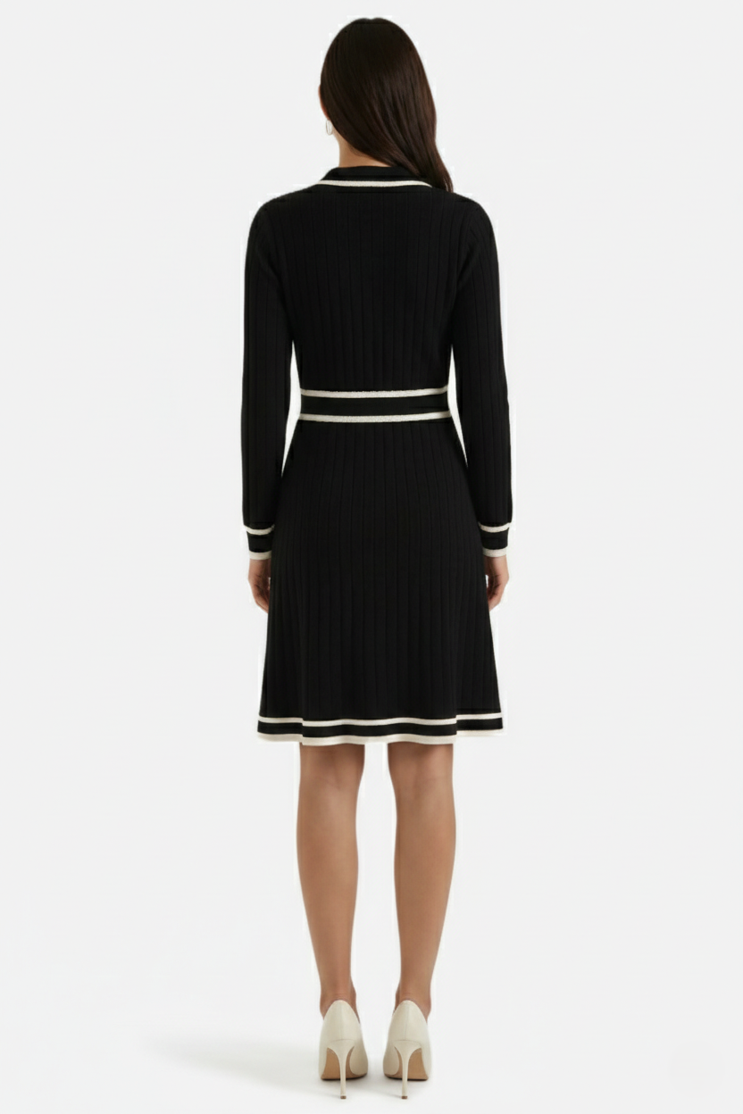 Contrast Trim Knit Cardigan Dress Long Sleeve Button Down with Metallic Buttons