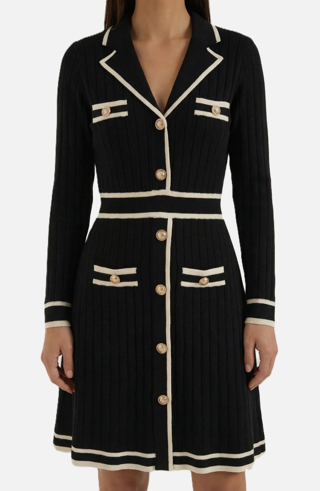 Contrast Trim Knit Cardigan Dress Long Sleeve Button Down with Metallic Buttons