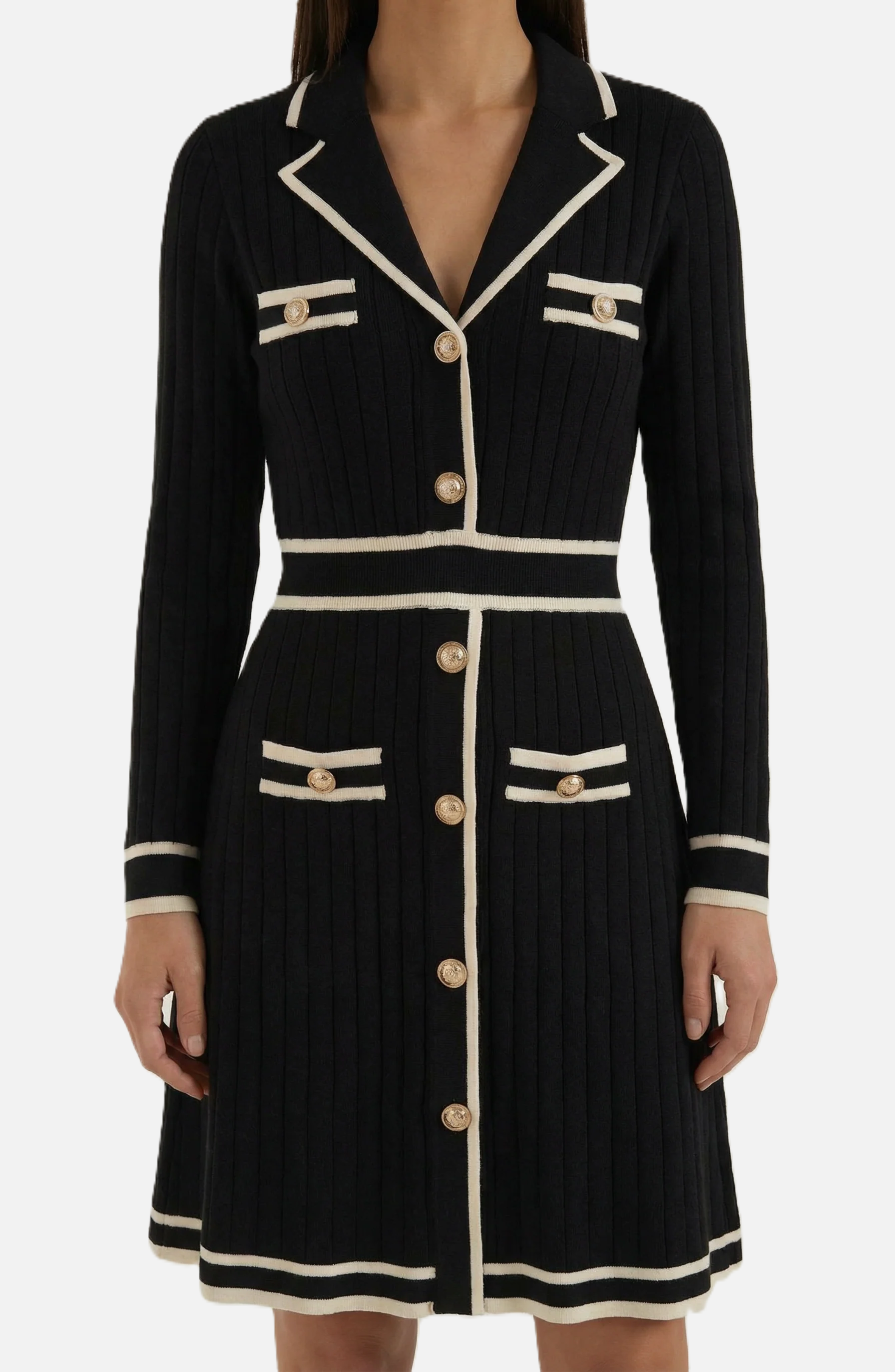 Contrast Trim Knit Cardigan Dress Long Sleeve Button Down with Metallic Buttons