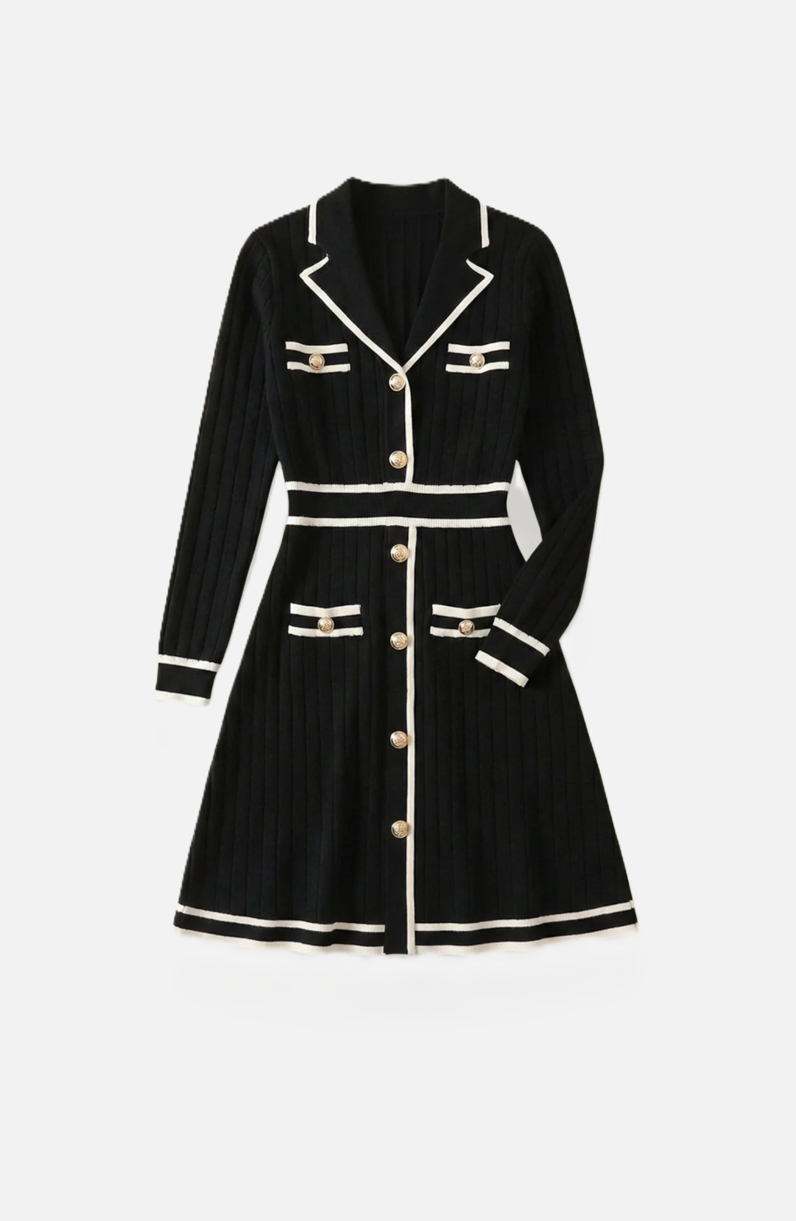 Contrast Trim Knit Cardigan Dress Long Sleeve Button Down with Metallic Buttons