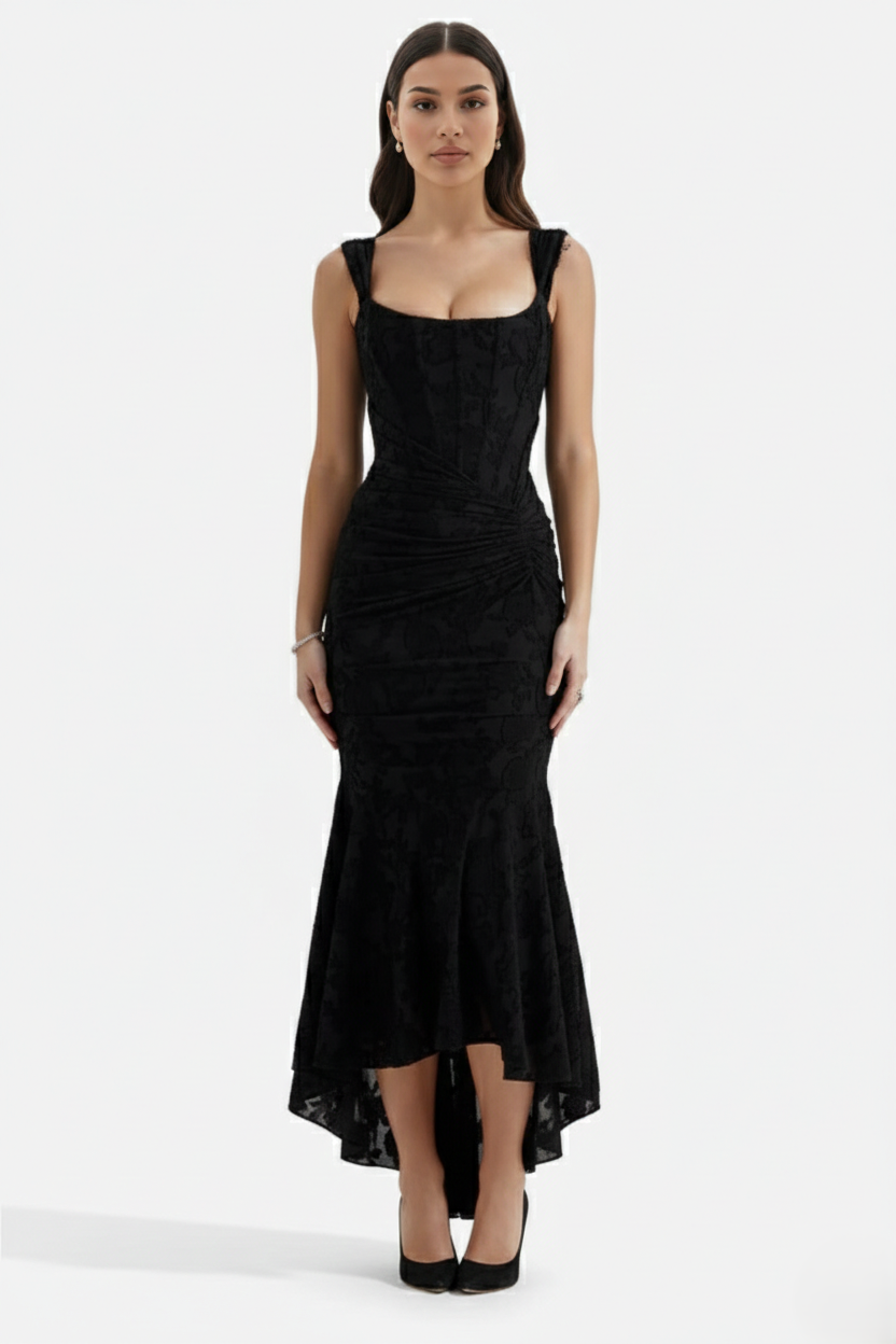 Corset Mermaid Maxi Dress Ruched Draped Wide Straps