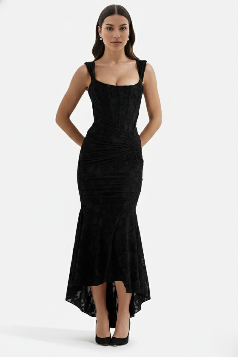Corset Mermaid Maxi Dress Ruched Draped Wide Straps