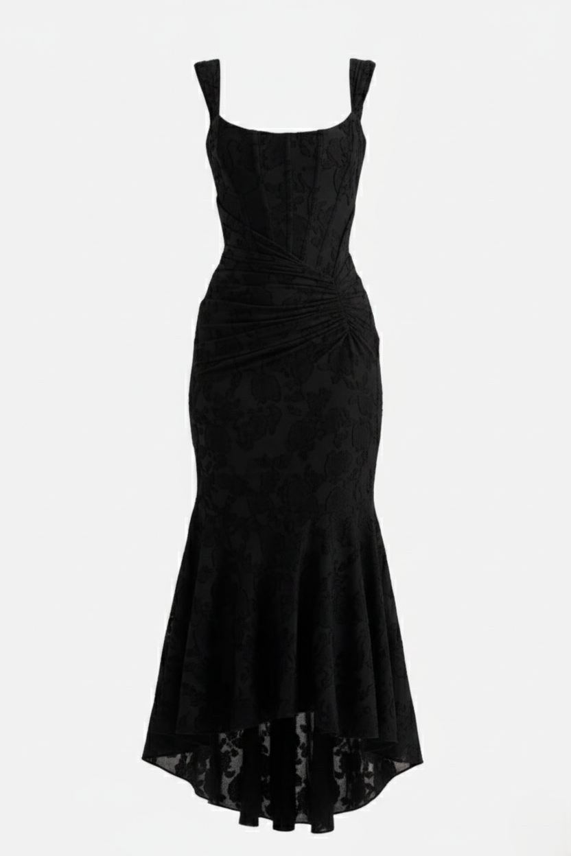 Corset Mermaid Maxi Dress Ruched Draped Wide Straps