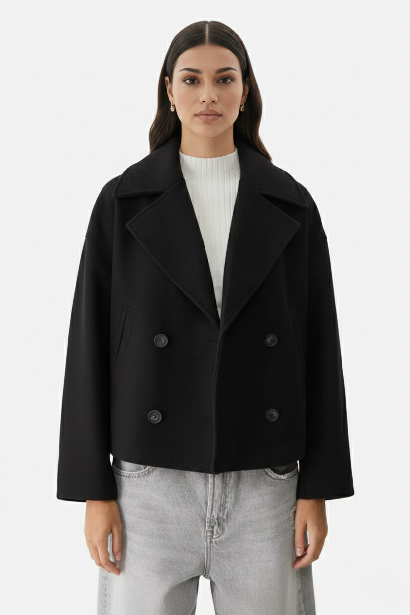 Cropped Double Breasted Blazer Jacket with Wide Lapel