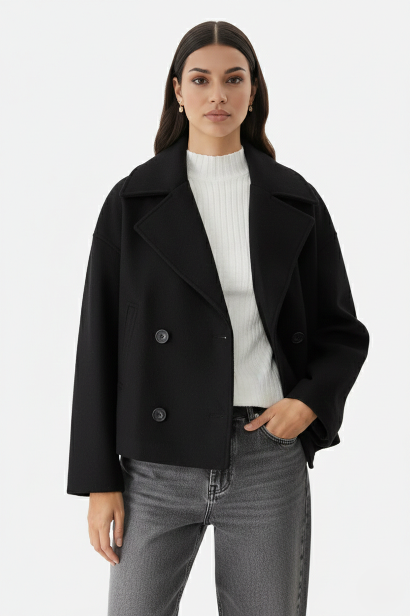 Cropped Double Breasted Blazer Jacket with Wide Lapel