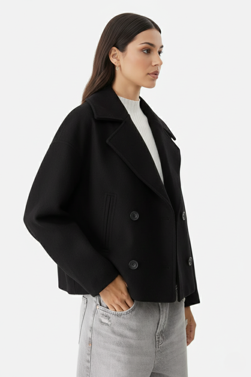 Cropped Double Breasted Blazer Jacket with Wide Lapel