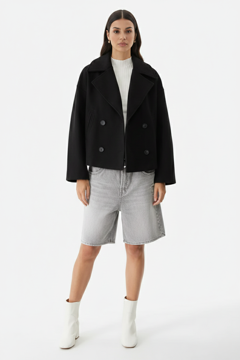 Cropped Double Breasted Blazer Jacket with Wide Lapel