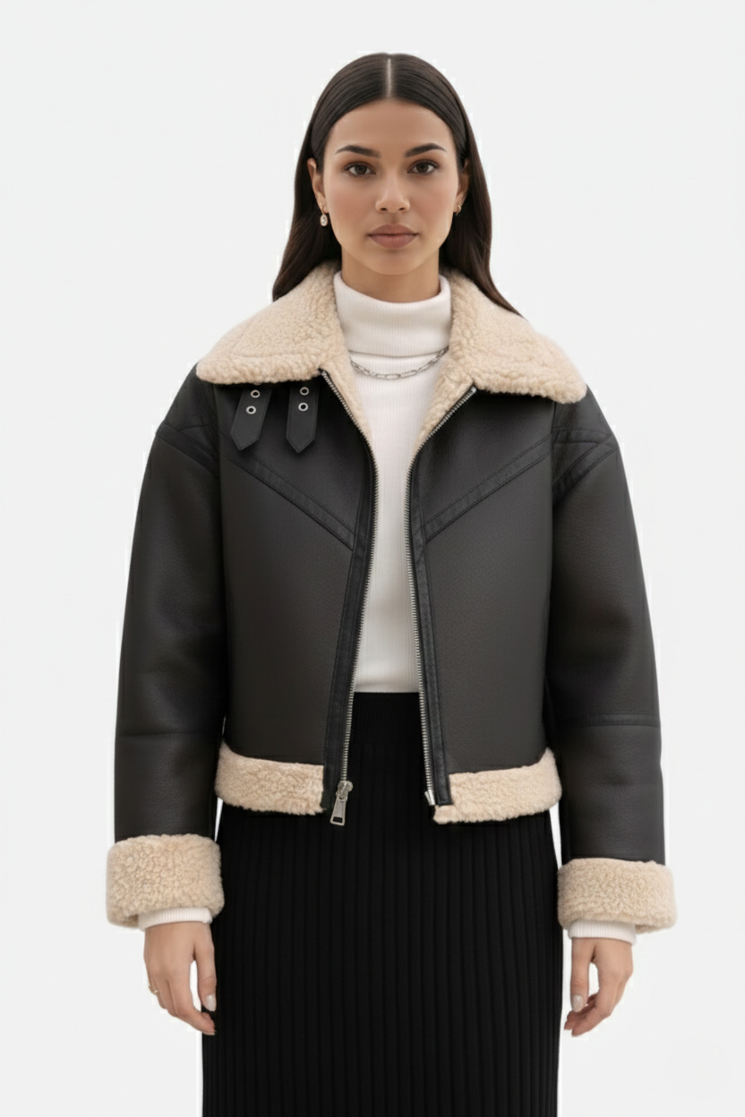 Cropped Faux Leather Aviator Jacket Shearling Lined Buckle Strap Zip Front