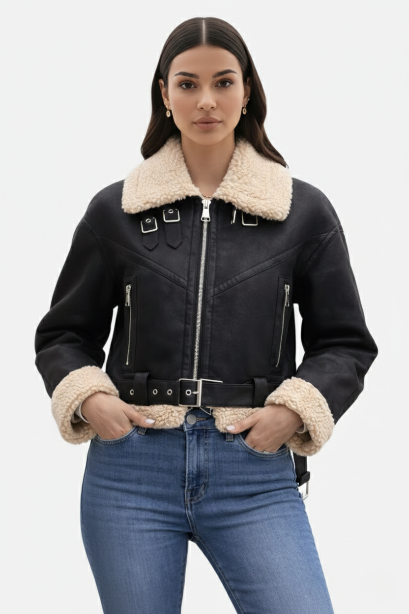 Cropped Faux Leather Aviator Jacket Shearling Lined Buckle Strap Zip Front