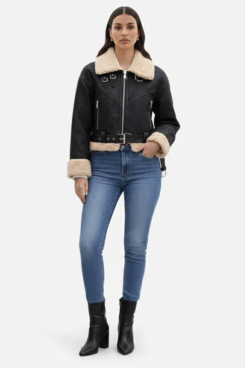 Cropped Faux Leather Aviator Jacket Shearling Lined Buckle Strap Zip Front