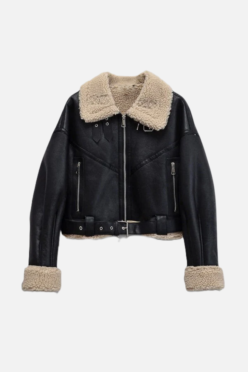 Cropped Faux Leather Aviator Jacket Shearling Lined Buckle Strap Zip Front