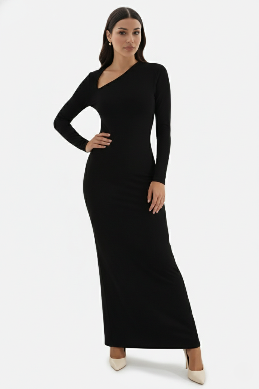 Bodycon Maxi Dress Asymmetric Cutout Long Sleeve