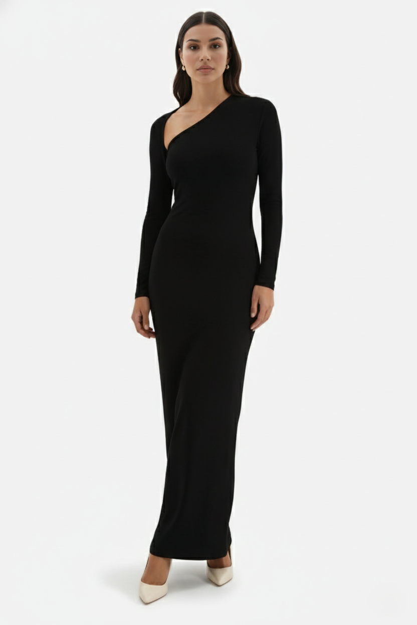 Bodycon Maxi Dress Asymmetric Cutout Long Sleeve