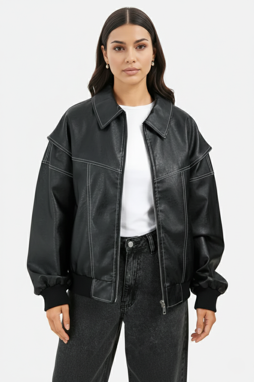 Faux Leather Zip Up Bomber Jacket with Ribbed Cuffs