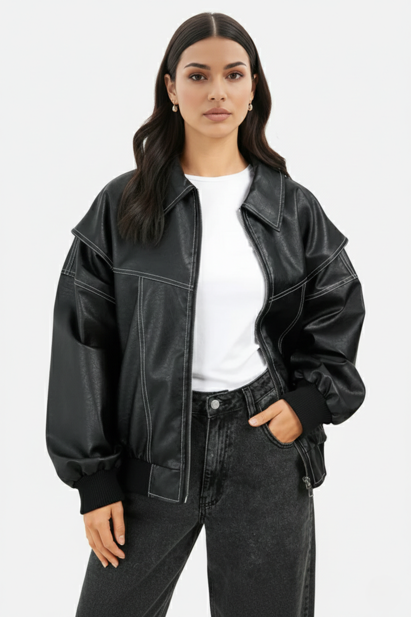 Faux Leather Zip Up Bomber Jacket with Ribbed Cuffs