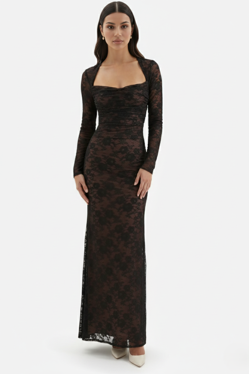 Floral Lace Maxi Dress with Lace-Up Back and Long Sleeve Shrug