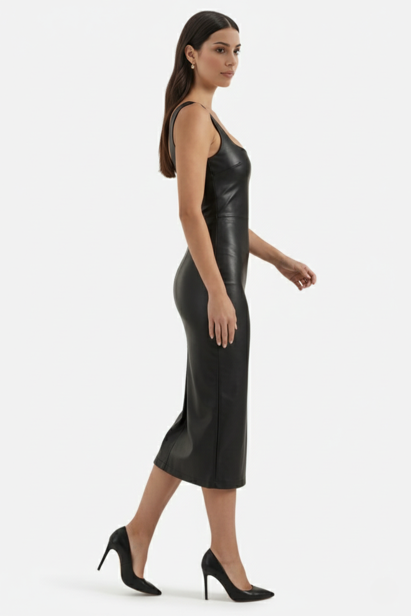 Faux Leather Square-Neck Sleeveless Midi Dress
