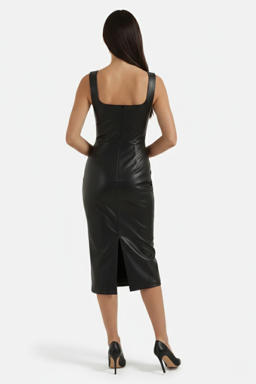 Faux Leather Square-Neck Sleeveless Midi Dress
