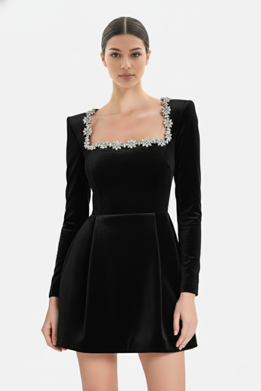 Cocktail Dress Velvet Floral Crystal Embellished Trim Long Sleeve