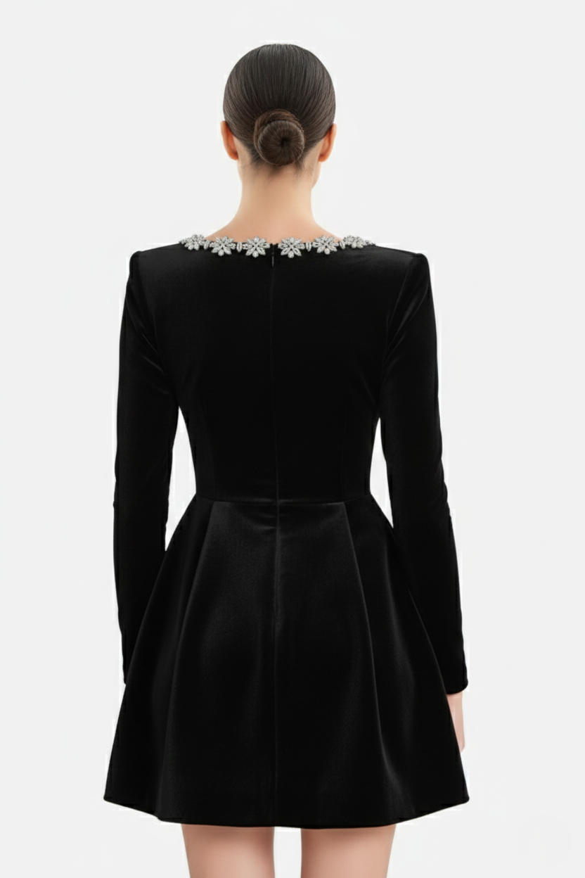 Cocktail Dress Velvet Floral Crystal Embellished Trim Long Sleeve