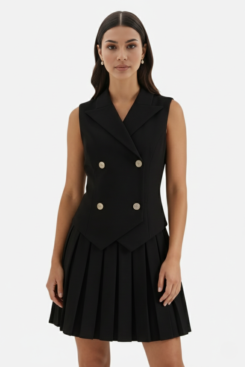 Double-Breasted Waistcoat Pleated Mini Dress