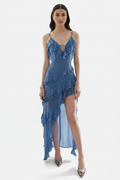 Asymmetric Tiered Ruffle Chiffon Spaghetti Strap High-Low Midi Dress