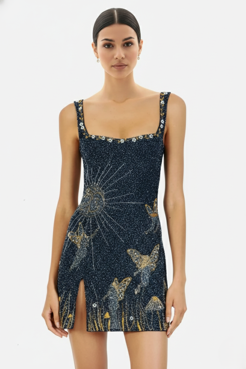Celestial Butterfly Embroidered Square Neck Mini Dress with Slit