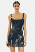 Celestial Butterfly Embroidered Square Neck Mini Dress with Slit
