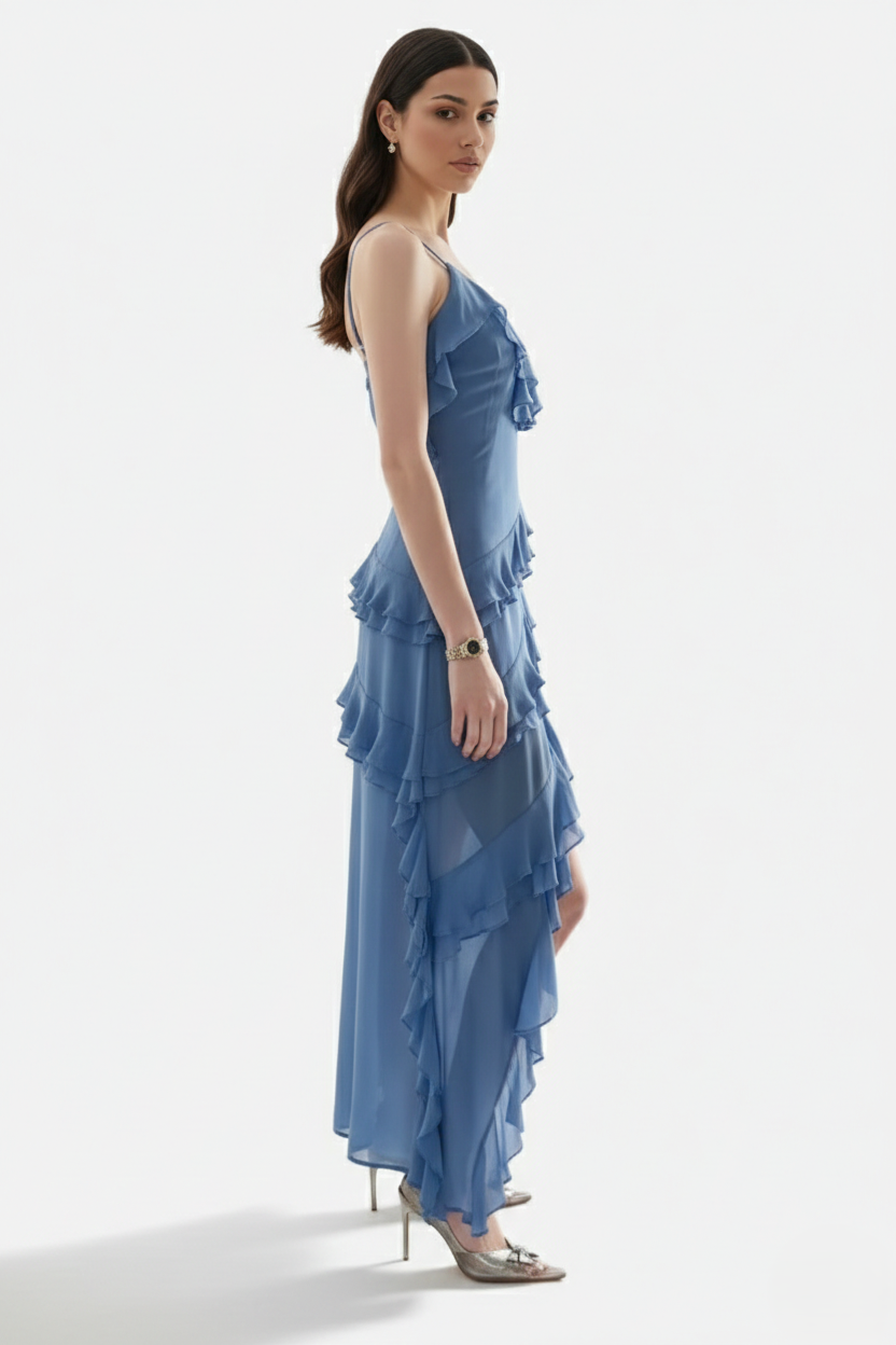 Asymmetric Tiered Ruffle Chiffon Spaghetti Strap High-Low Midi Dress