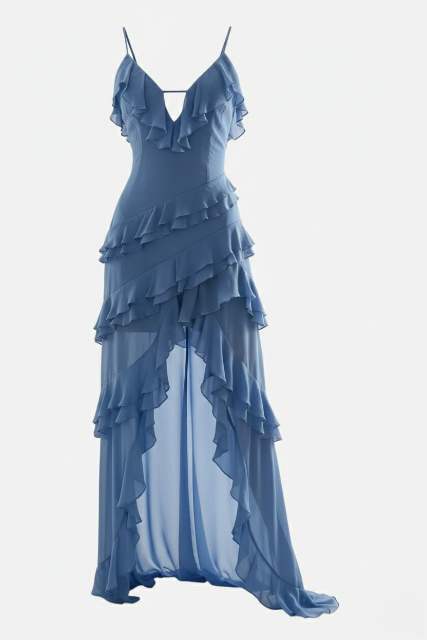 Asymmetric Tiered Ruffle Chiffon Spaghetti Strap High-Low Midi Dress