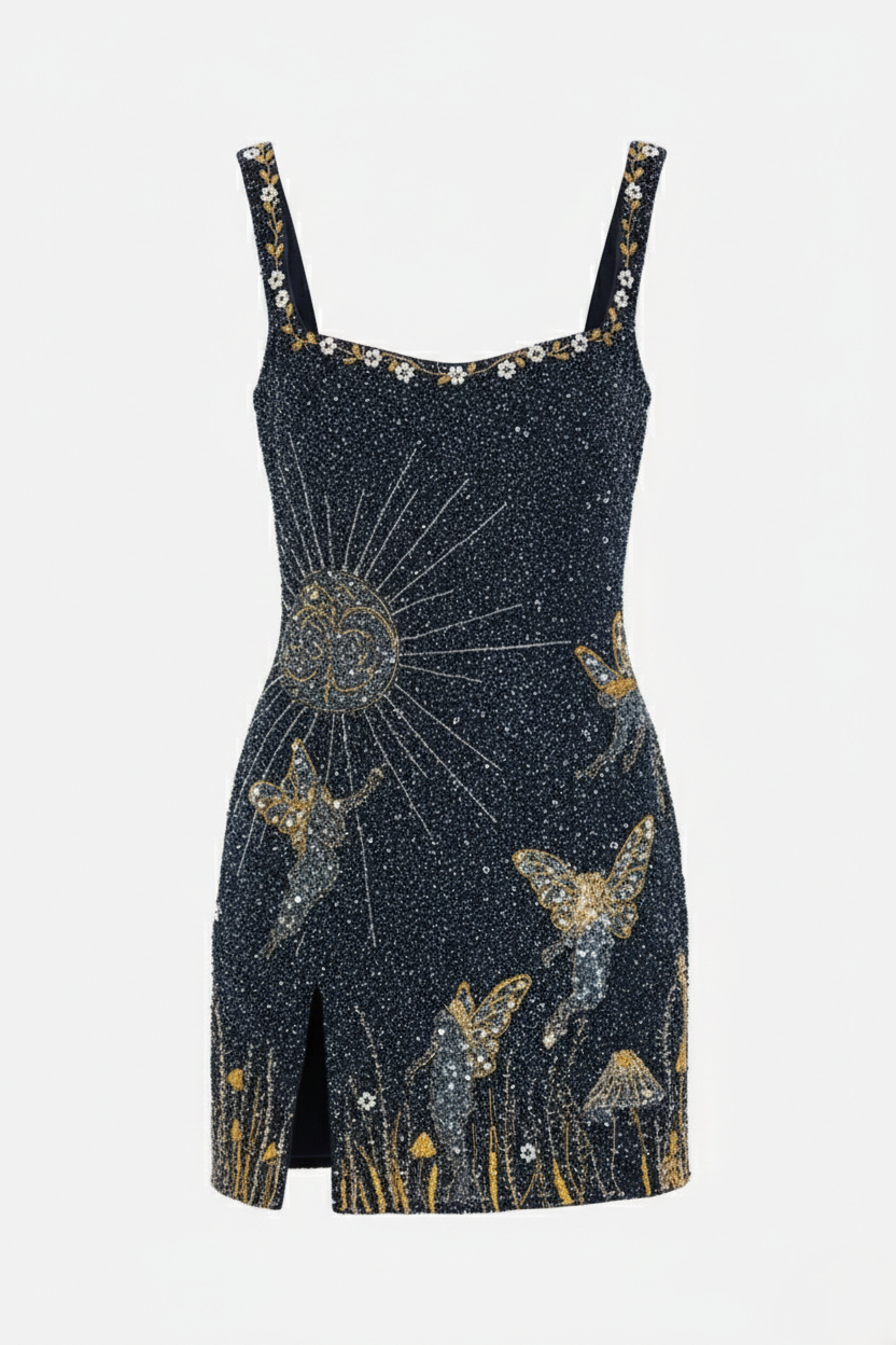 Celestial Butterfly Embroidered Square Neck Mini Dress with Slit