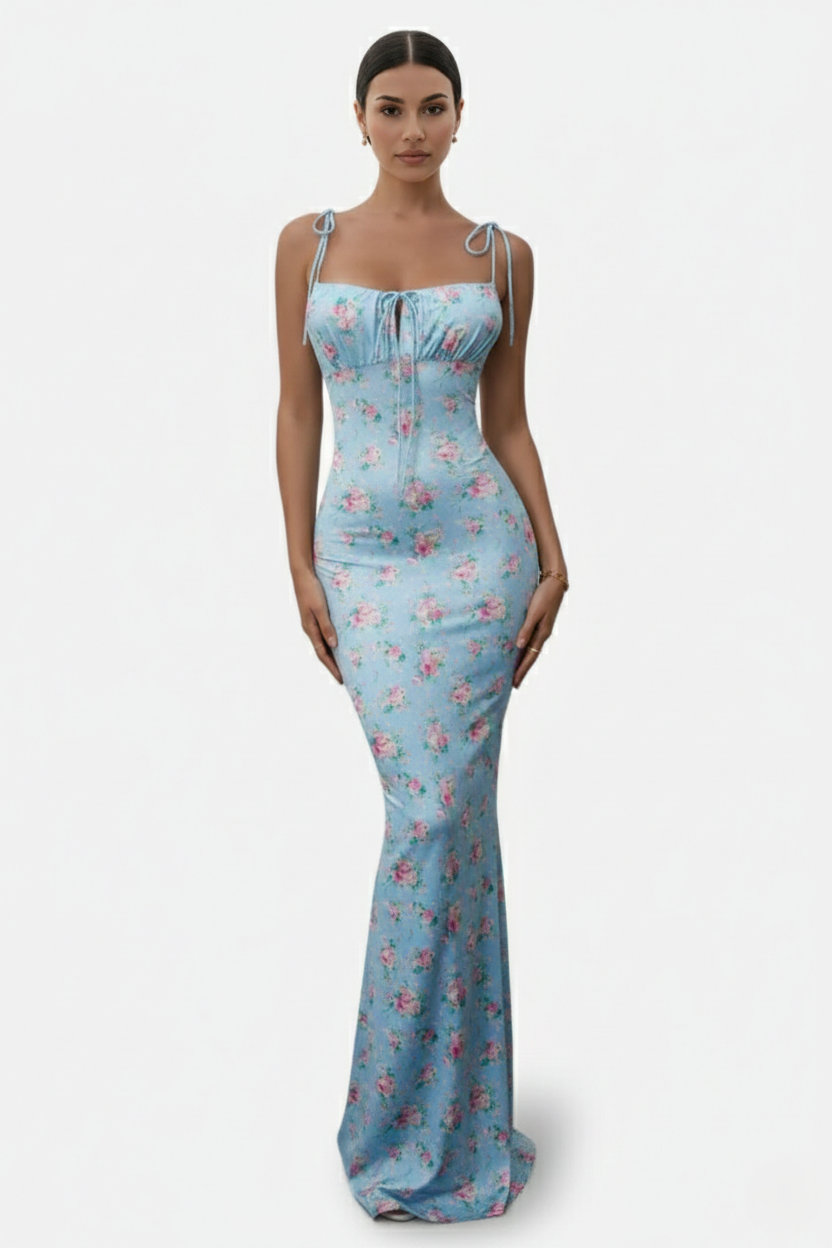 Floral Spaghetti Strap Bodycon Mermaid Maxi Dress Ruched Bodice