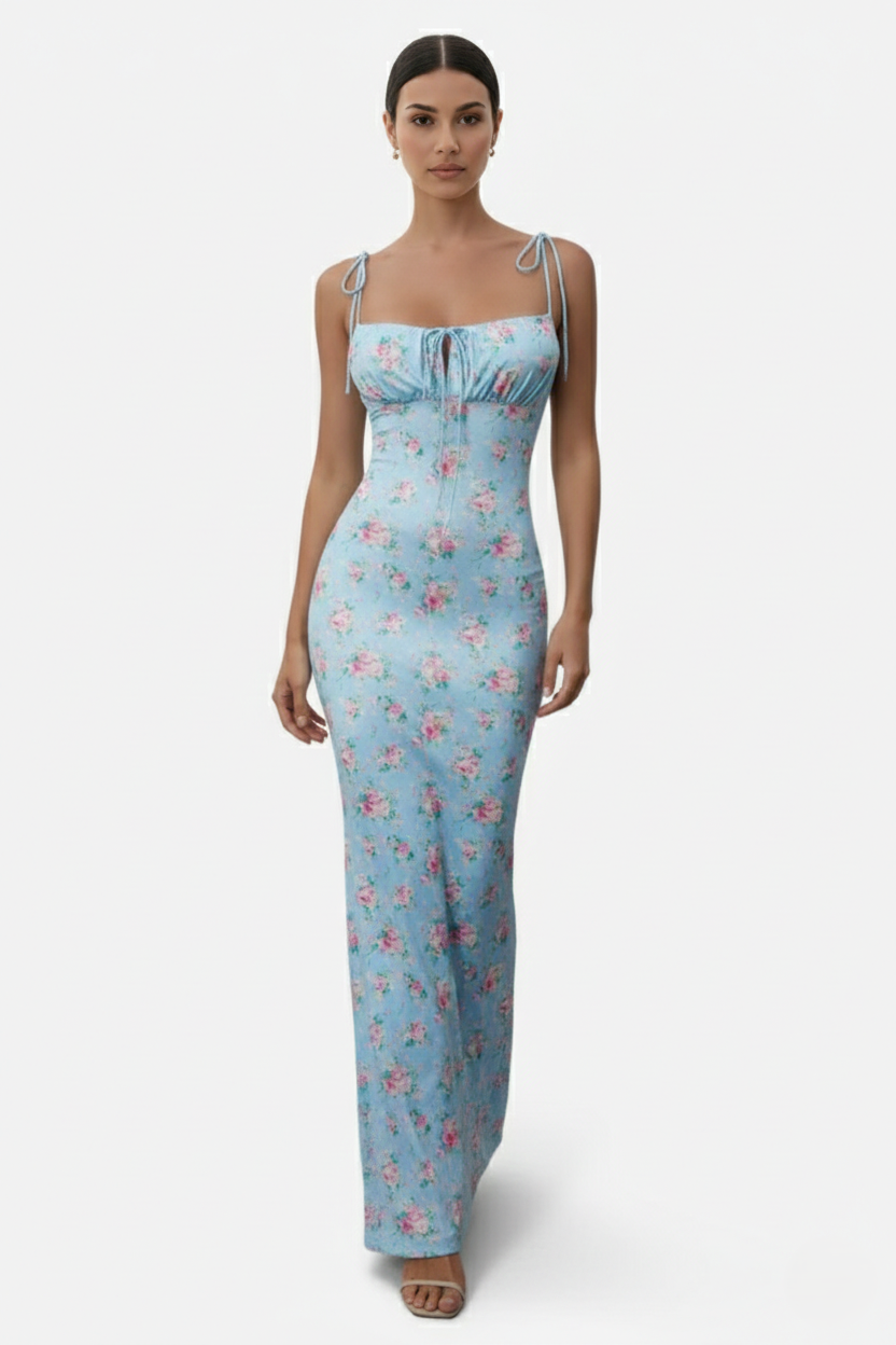 Floral Spaghetti Strap Bodycon Mermaid Maxi Dress Ruched Bodice