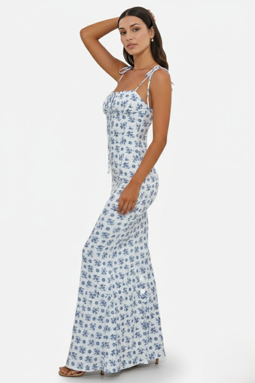 Floral Spaghetti Strap Bodycon Mermaid Maxi Dress Ruched Bodice