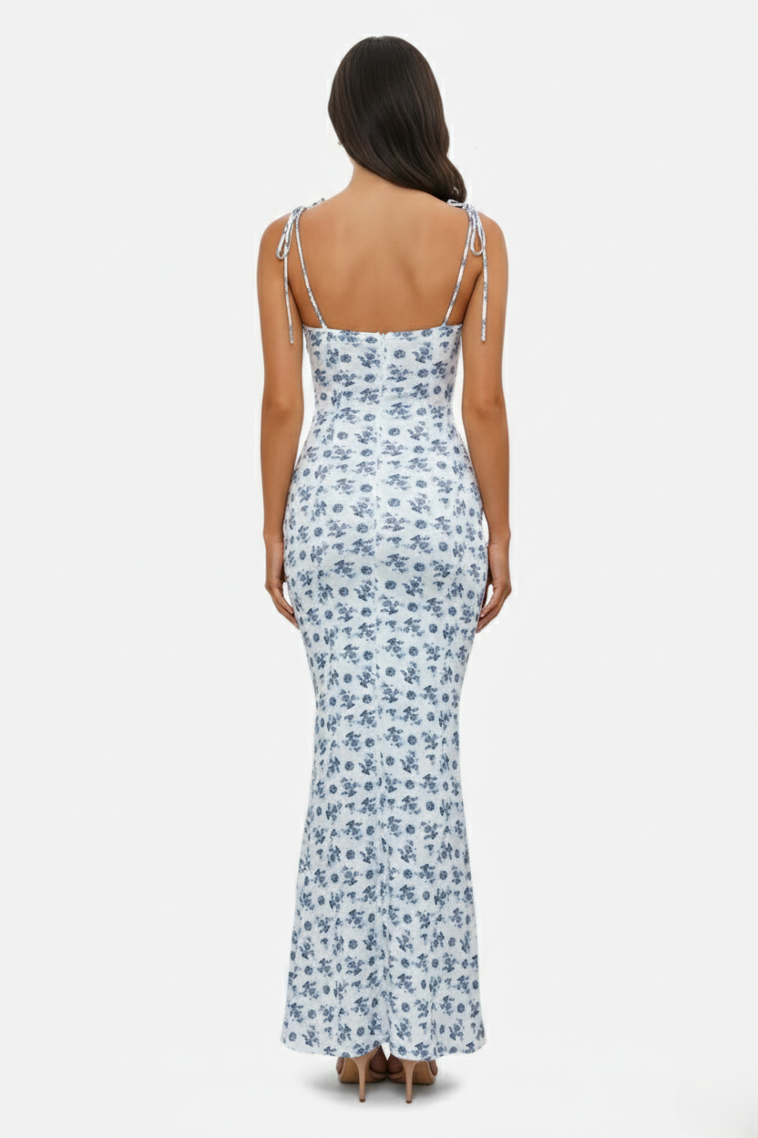Floral Spaghetti Strap Bodycon Mermaid Maxi Dress Ruched Bodice