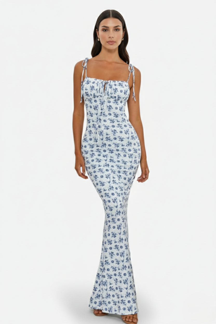 Floral Spaghetti Strap Bodycon Mermaid Maxi Dress Ruched Bodice