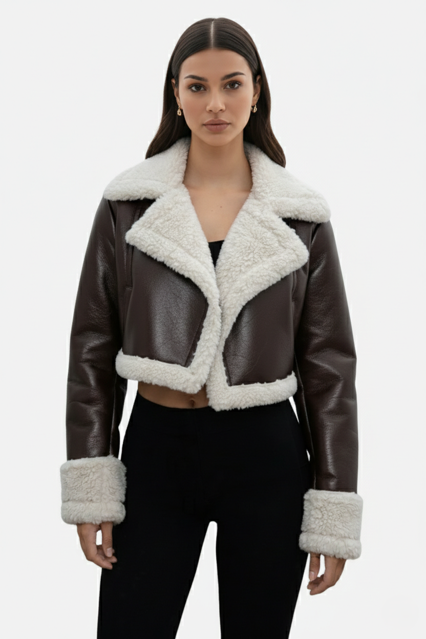 Cropped Faux Leather Shearling Trim Biker Jacket