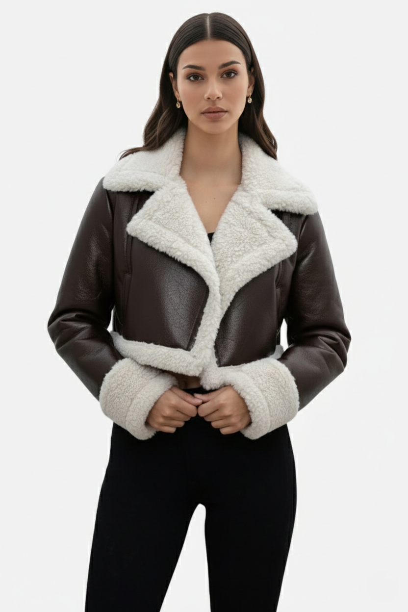 Cropped Faux Leather Shearling Trim Biker Jacket